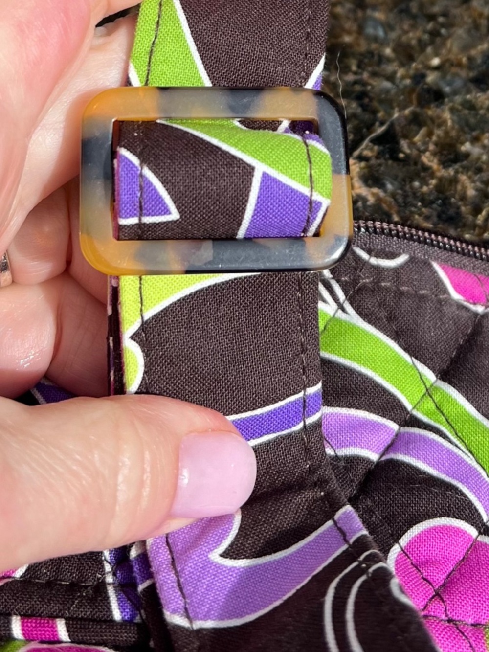 Vera Bradley Dark Brown Crossbody with Purple & Green Floral Pattern. - Picture 3 of 7